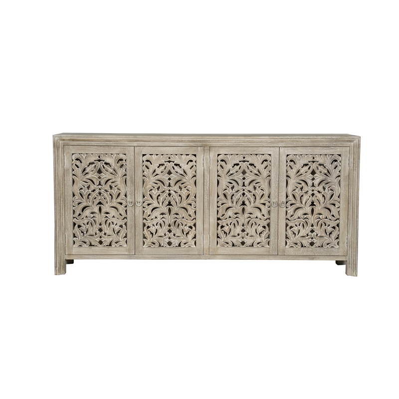 Pemberly Row 4-Door Floral Carved Solid Wood Sideboard in Gray