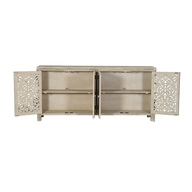 Pemberly Row 4-Door Floral Carved Solid Wood Sideboard in Gray