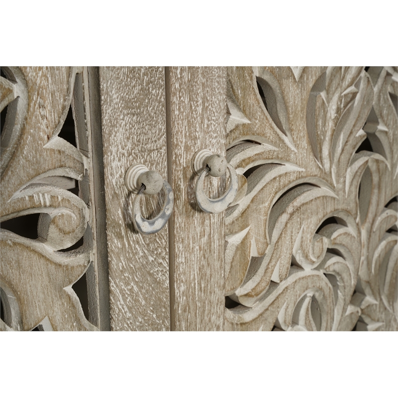 Pemberly Row 4-Door Floral Carved Solid Wood Sideboard in Gray