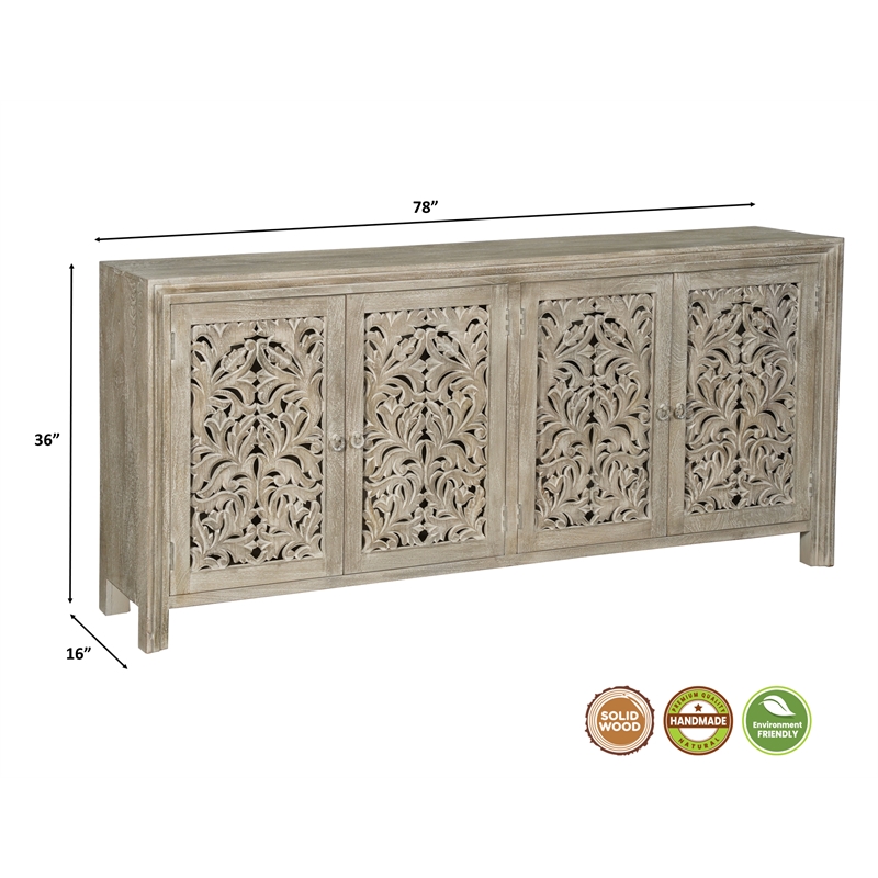 Pemberly Row 4-Door Floral Carved Solid Wood Sideboard in Gray