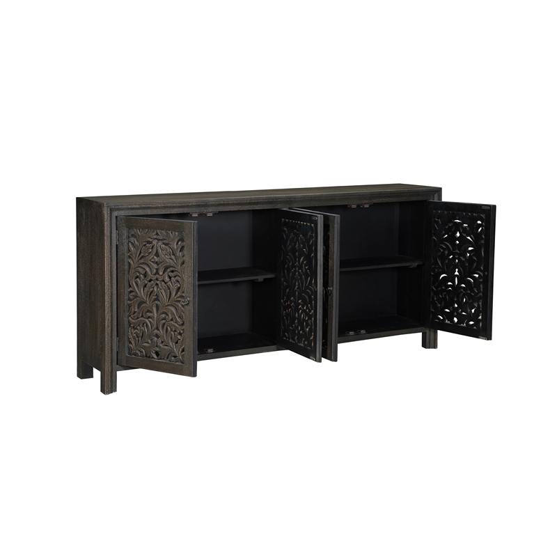 Pemberly Row 4-Door Floral Carved Solid Wood Sideboard in Black