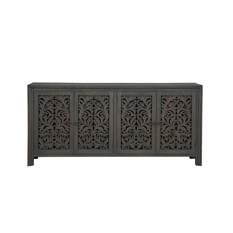 Pemberly Row 4-Door Floral Carved Solid Wood Sideboard in Black