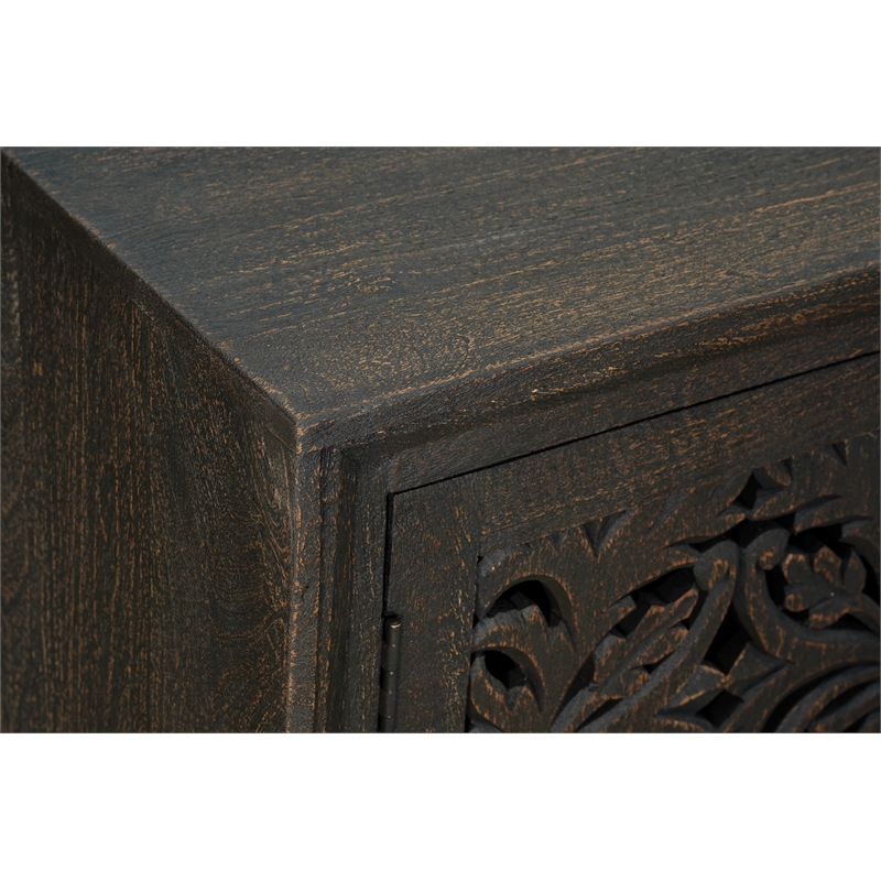 Pemberly Row 4-Door Floral Carved Solid Wood Sideboard in Black