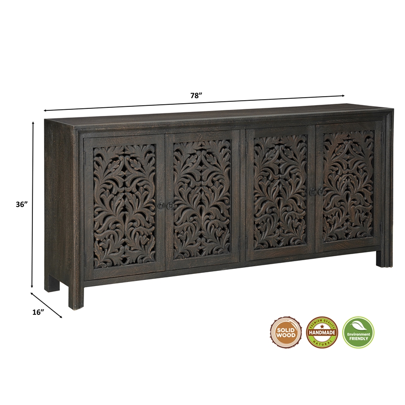 Pemberly Row 4-Door Floral Carved Solid Wood Sideboard in Black