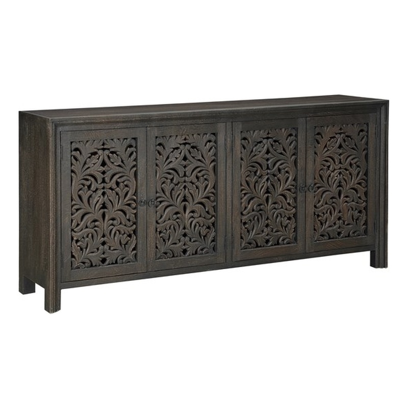 Pemberly Row 4-Door Floral Carved Solid Wood Sideboard in Black