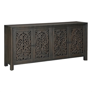Pemberly Row 4-Door Floral Carved Solid Wood Sideboard in Black
