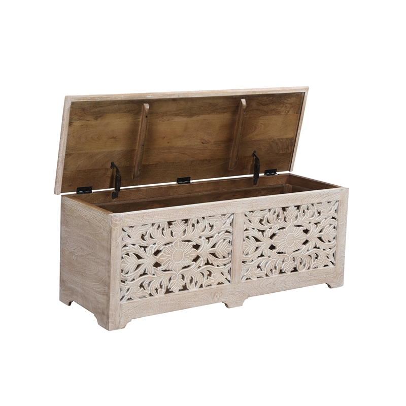 Pemberly Row Floral Carved Solid Wood Storage Ottoman in White