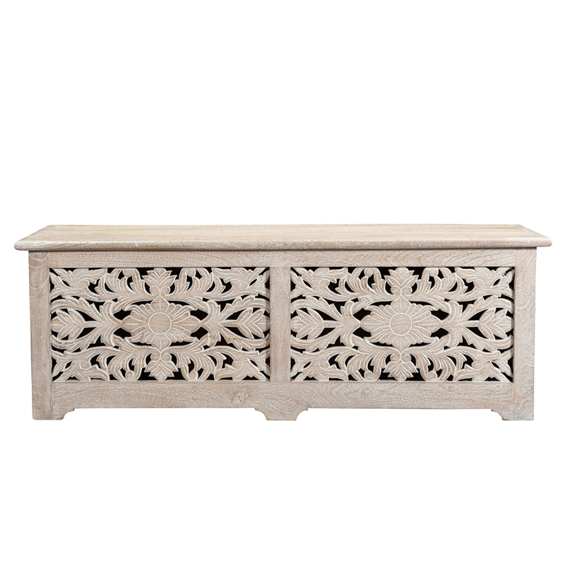 Pemberly Row Floral Carved Solid Wood Storage Ottoman in White
