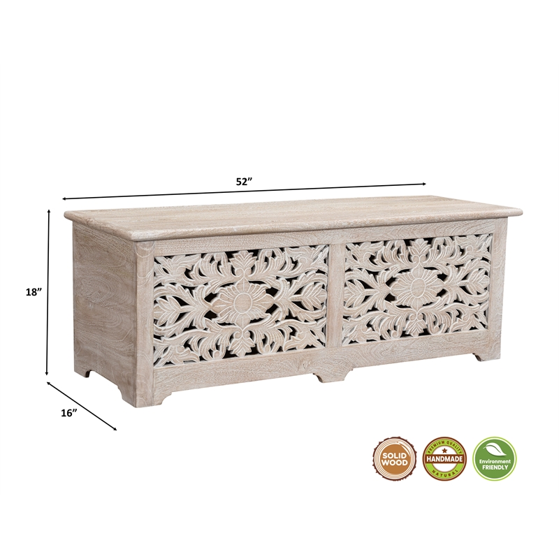 Pemberly Row Floral Carved Solid Wood Storage Ottoman in White