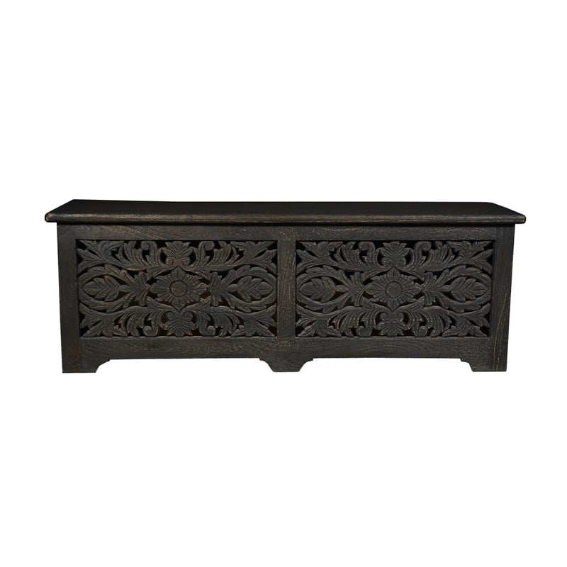 Pemberly Row Floral Carved Solid Wood Storage Ottoman in Black
