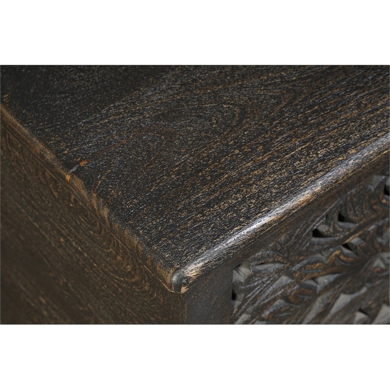 Pemberly Row Floral Carved Solid Wood Storage Ottoman in Black