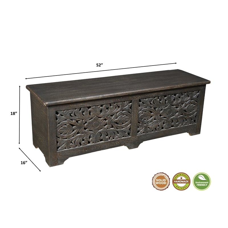 Pemberly Row Floral Carved Solid Wood Storage Ottoman in Black