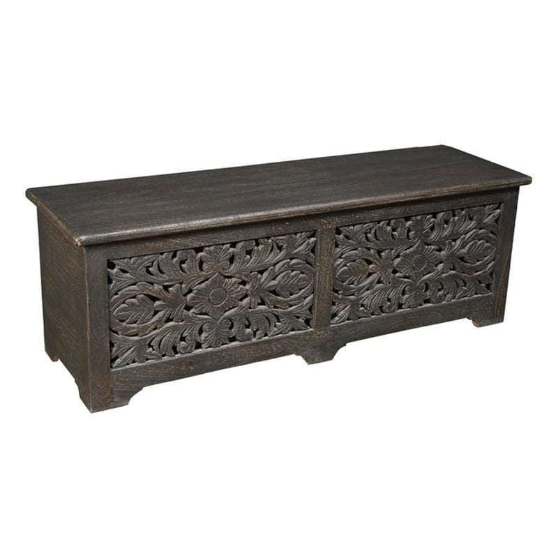 Pemberly Row Floral Carved Solid Wood Storage Ottoman in Black