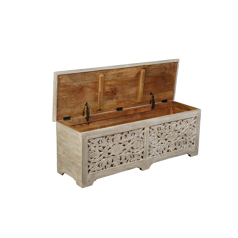 Pemberly Row Floral Carved Solid Wood Storage Ottoman in Gray