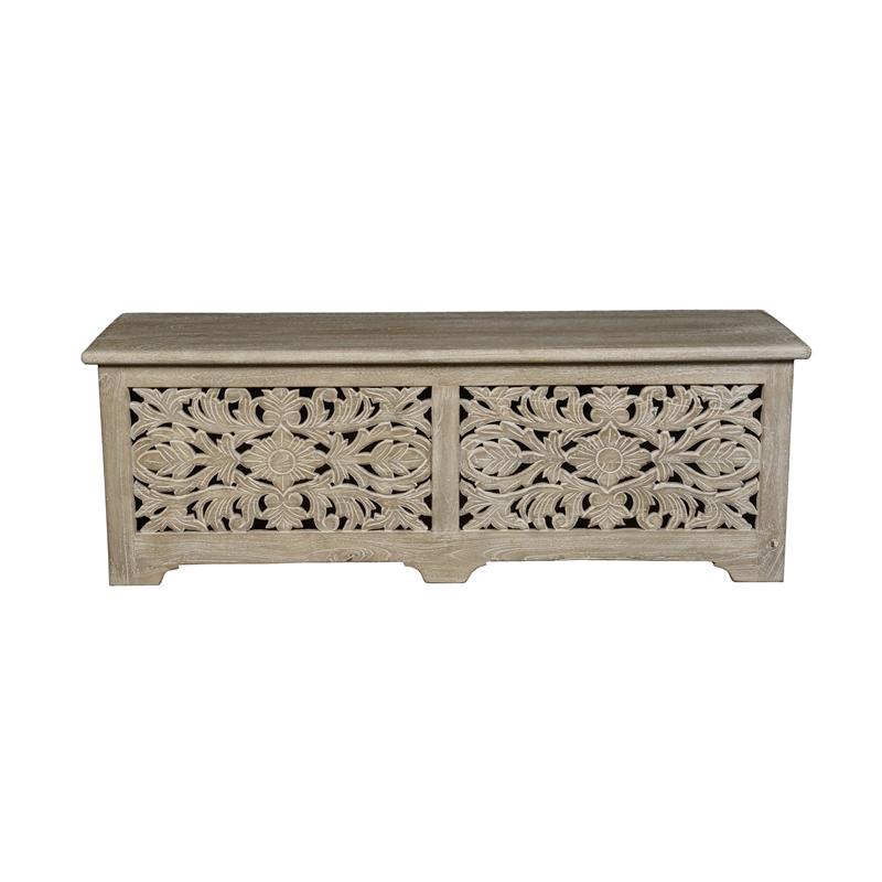 Pemberly Row Floral Carved Solid Wood Storage Ottoman in Gray