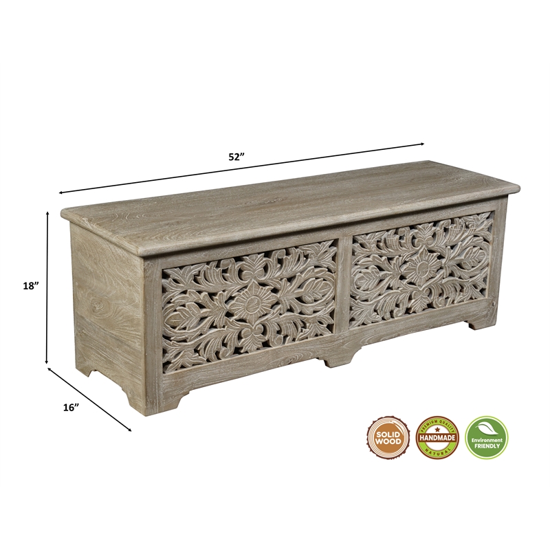 Pemberly Row Floral Carved Solid Wood Storage Ottoman in Gray