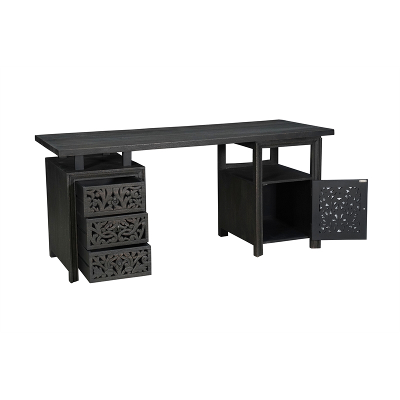 Pemberly Row 3-drawer 1-Door Floral Carved Solid Wood Desk in Black