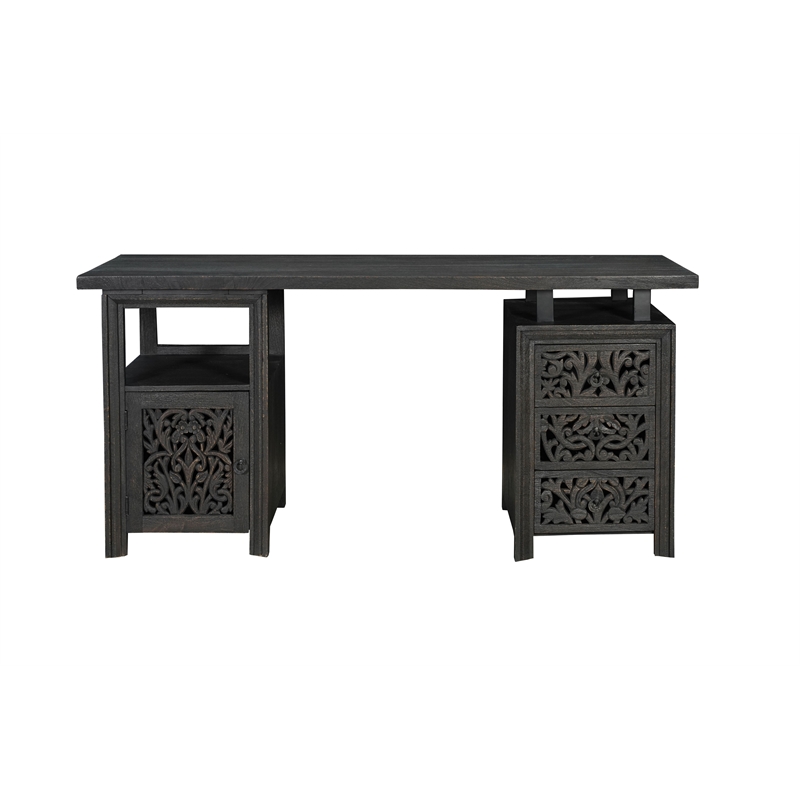 Pemberly Row 3-drawer 1-Door Floral Carved Solid Wood Desk in Black