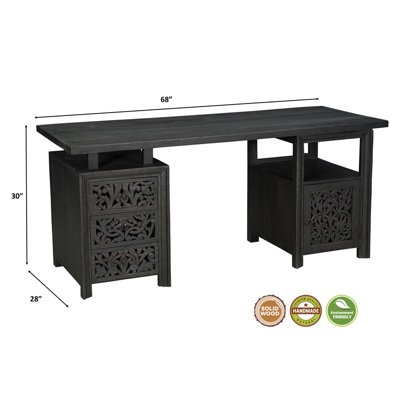 Pemberly Row 3-drawer 1-Door Floral Carved Solid Wood Desk in Black