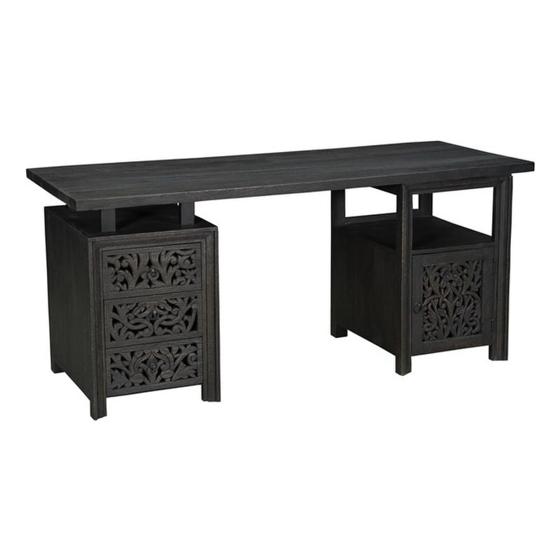 Pemberly Row 3-drawer 1-Door Floral Carved Solid Wood Desk in Black