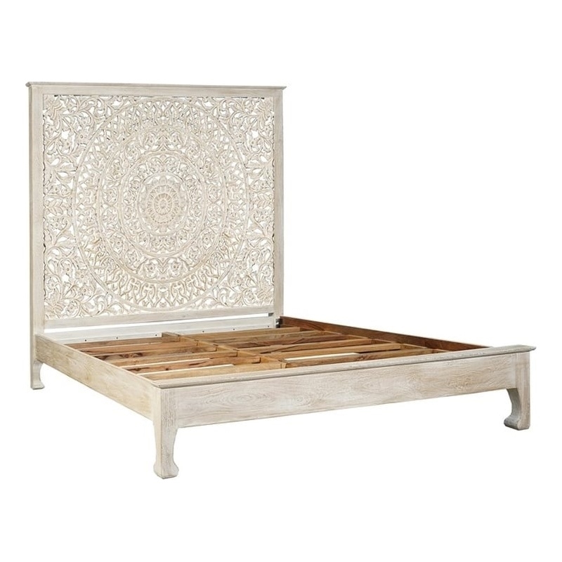 Pemberly Row Traditional Floral Carved Solid Wood Queen Bed in White