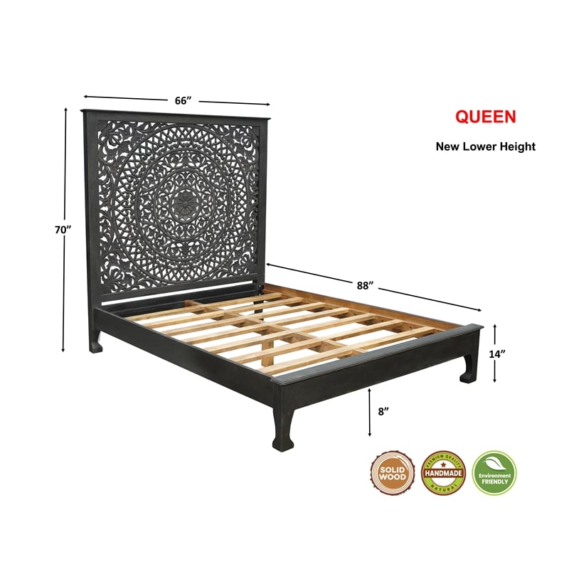Pemberly Row Traditional Floral Carved Solid Wood Queen Bed in Black