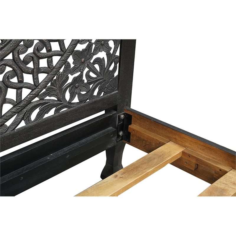 Pemberly Row Traditional Floral Carved Solid Wood Queen Bed in Black