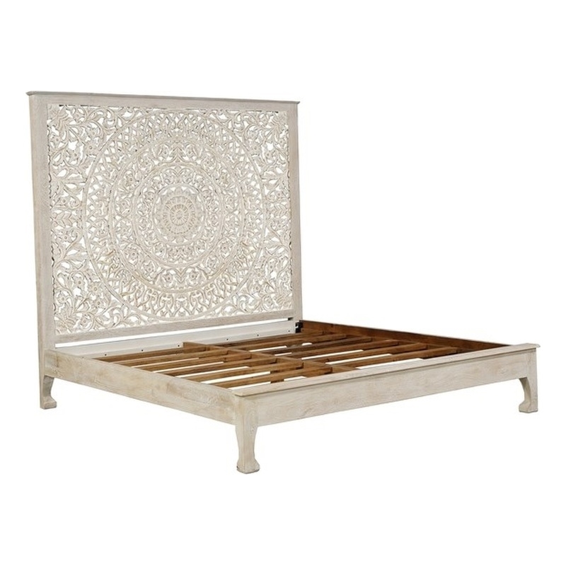 Pemberly Row Traditional Floral Carved Solid Wood King Bed in White