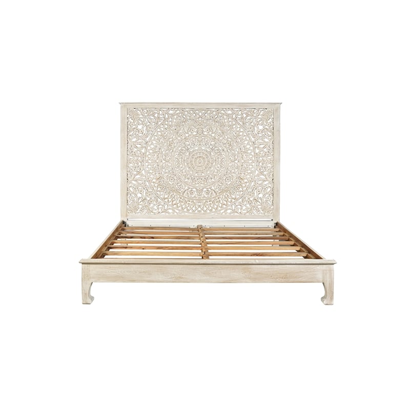 Pemberly Row Traditional Floral Carved Solid Wood King Bed in White