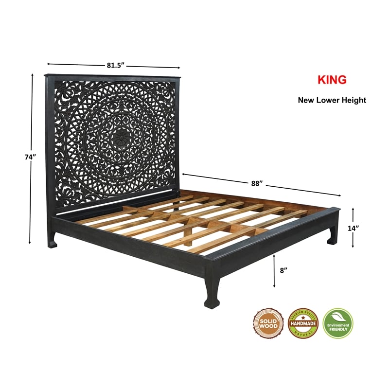 Pemberly Row Traditional Floral Carved Solid Wood King Bed in Black