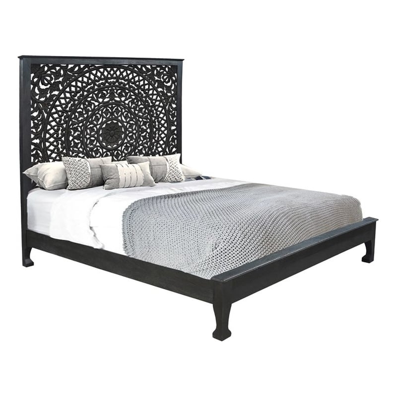 Pemberly Row Traditional Floral Carved Solid Wood King Bed in Black