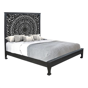 Pemberly Row Traditional Floral Carved Solid Wood King Bed in Black