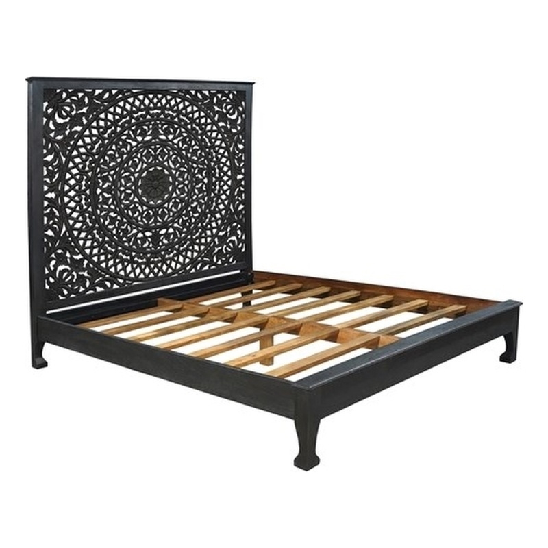 Pemberly Row Traditional Floral Carved Solid Wood King Bed in Black