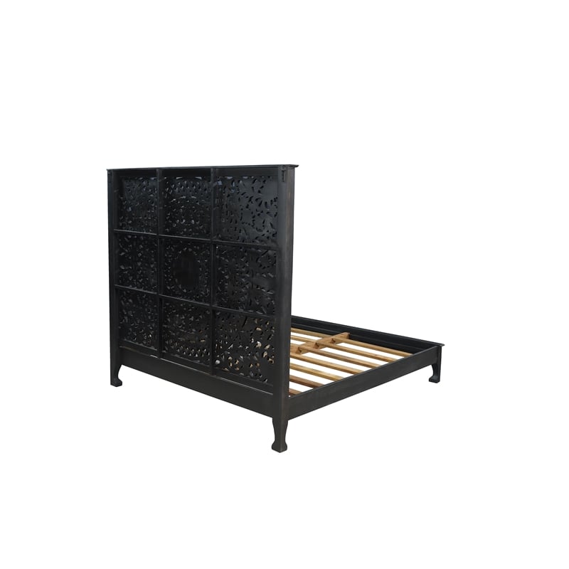 Pemberly Row Traditional Floral Carved Solid Wood King Bed in Black