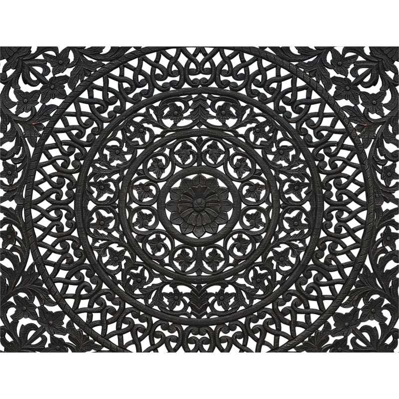 Pemberly Row Traditional Floral Carved Solid Wood King Bed in Black