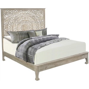 Pemberly Row Traditional Floral Carved Solid Wood King Bed in Gray