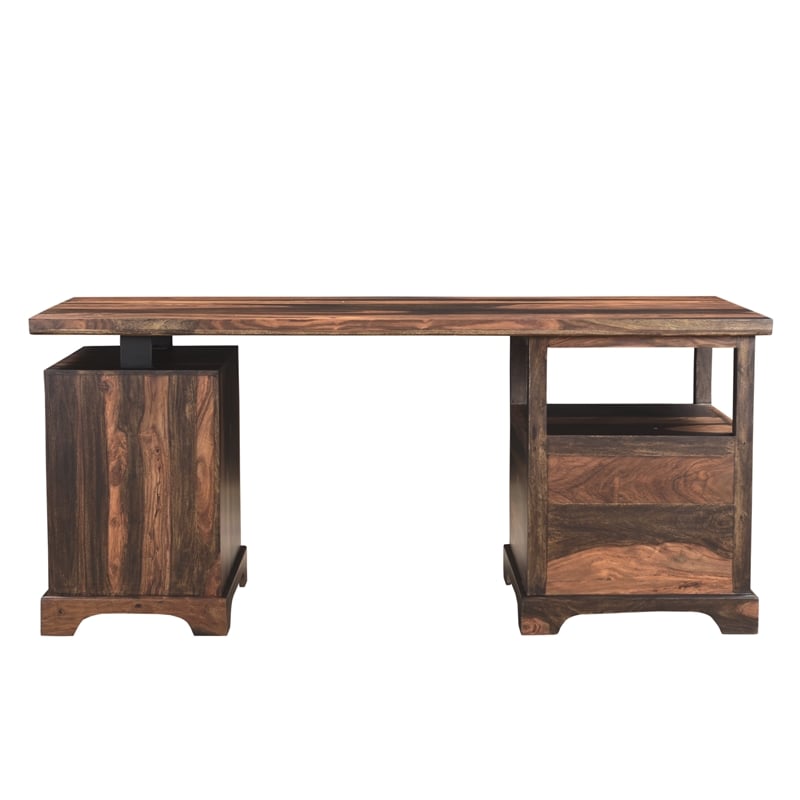Pemberly Row 2-piece Live Edge Solid Wood Desk Set in Dark Brown