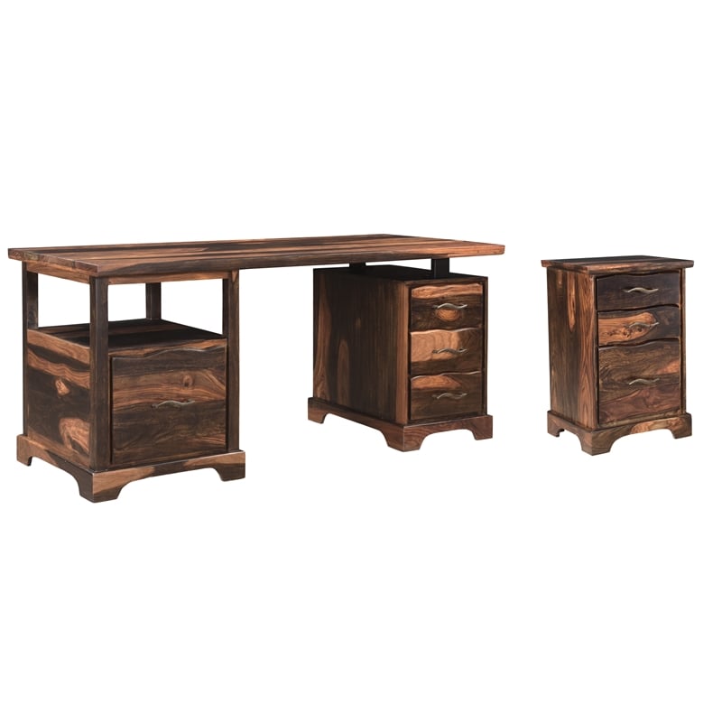 Pemberly Row 2-piece Live Edge Solid Wood Desk Set in Dark Brown