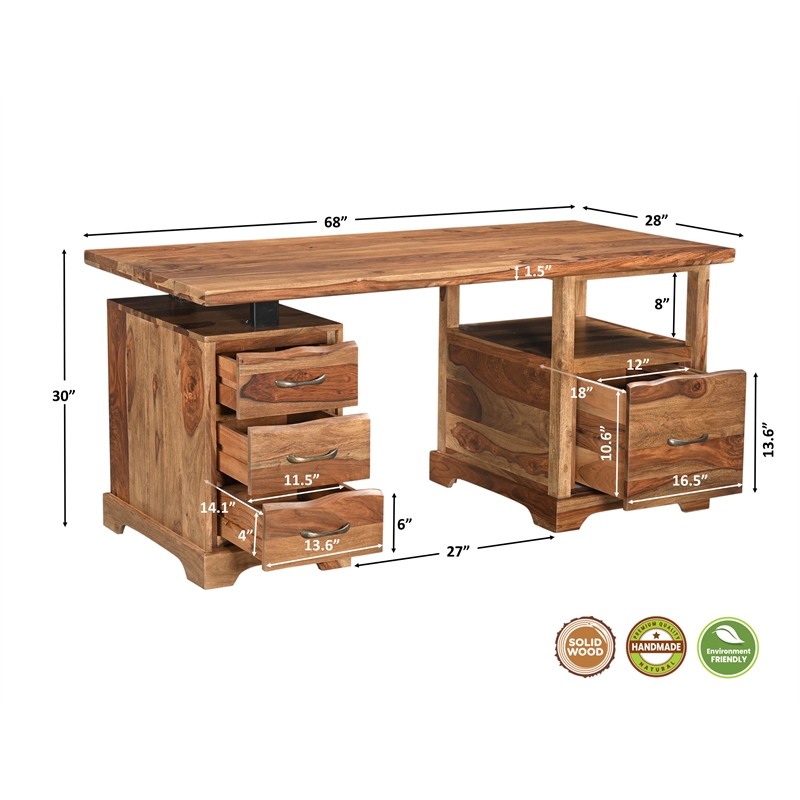 Pemberly Row Mid-Century 2-piece Live Edge Solid Wood Desk Set in Brown