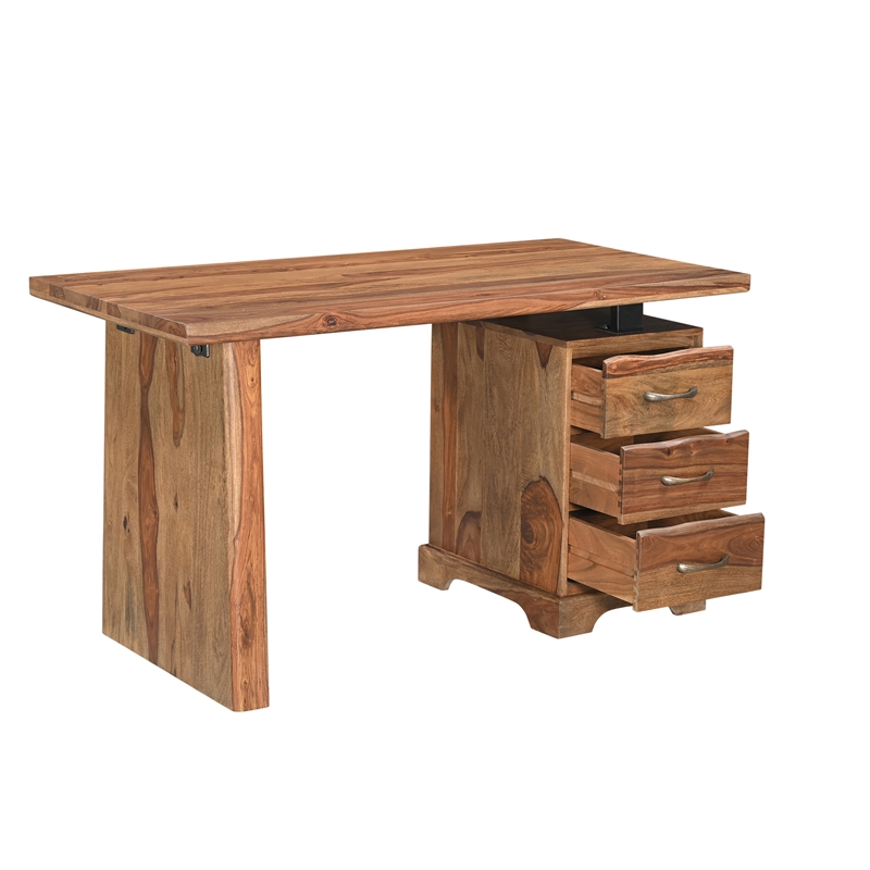 Pemberly Row Mid-Century 2-piece Live Edge Solid Wood Desk Set in Brown