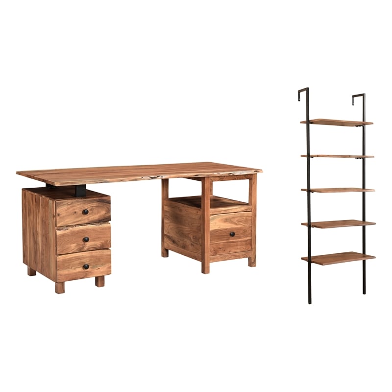 Pemberly Row Mid-Century 2-piece Live Edge Solid Wood Desk Set in Brown