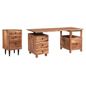 Pemberly Row Mid-Century 2-piece Live Edge Solid Wood Desk Set in Brown