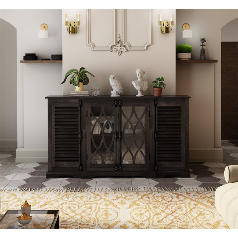 Pemberly Row 4-Door Carved Solid Wood Sideboard in Dark Brown