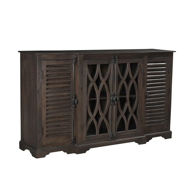 Pemberly Row 4-Door Carved Solid Wood Sideboard in Dark Brown