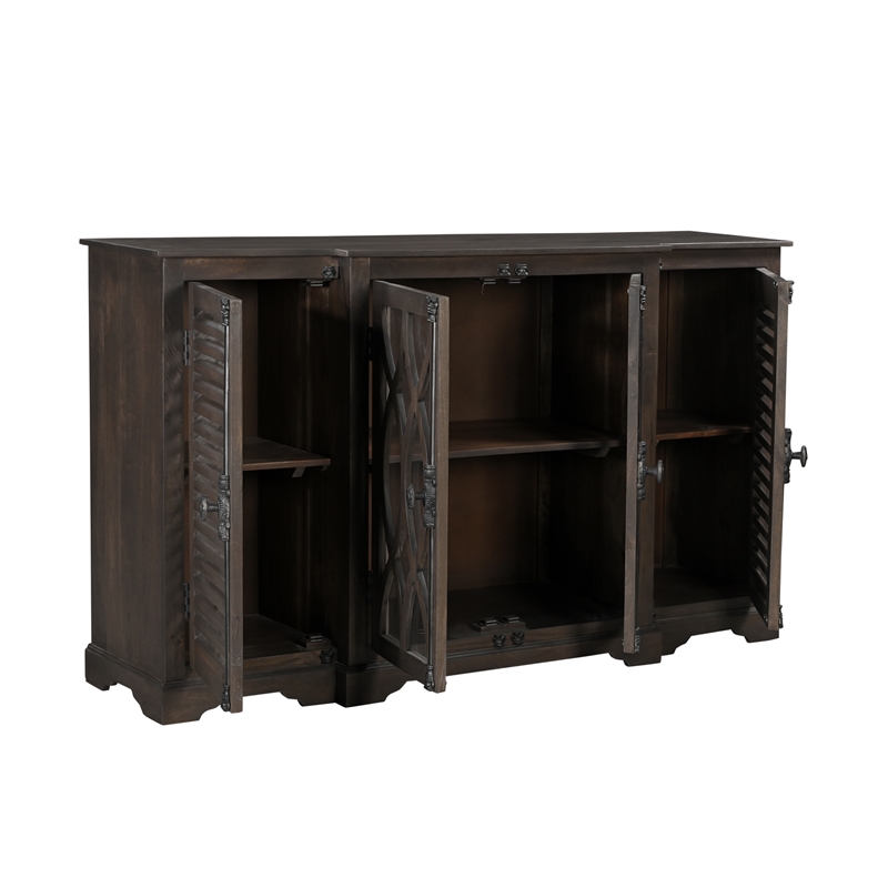 Pemberly Row 4-Door Carved Solid Wood Sideboard in Dark Brown