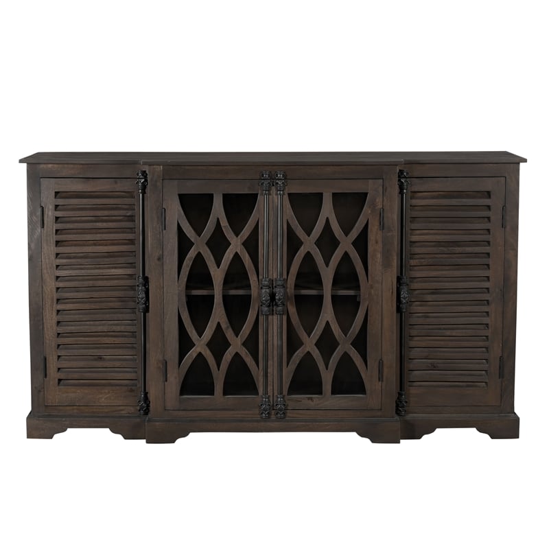 Pemberly Row 4-Door Carved Solid Wood Sideboard in Dark Brown