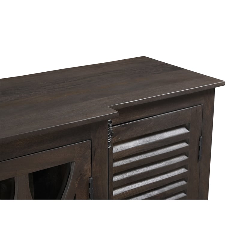 Pemberly Row 4-Door Carved Solid Wood Sideboard in Dark Brown