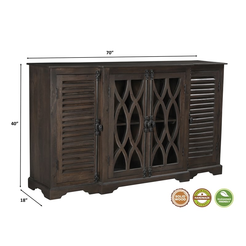 Pemberly Row 4-Door Carved Solid Wood Sideboard in Dark Brown