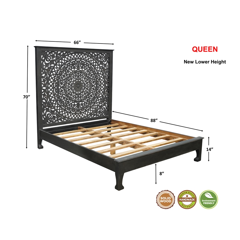Pemberly Row 3-piece Floral Carved Solid Wood Bedroom Set in Black