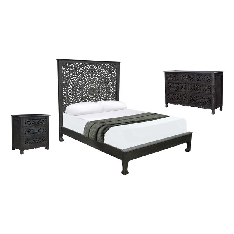 Pemberly Row 3-piece Floral Carved Solid Wood Bedroom Set in Black